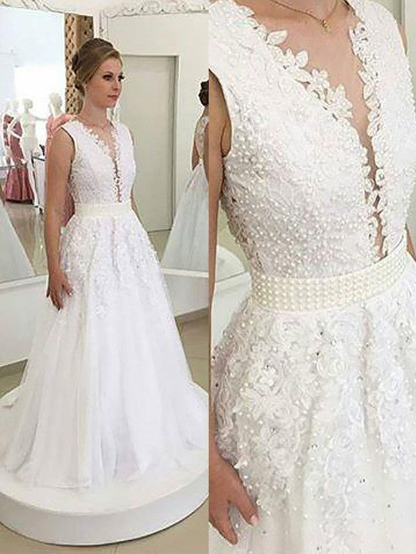 A-Line/Princess V-neck Applique Sleeveless Sweep/Brush Train Tulle Wedding Dresses