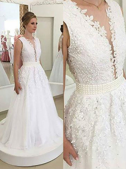 A-Line/Princess V-neck Applique Sleeveless Sweep/Brush Train Tulle Wedding Dresses