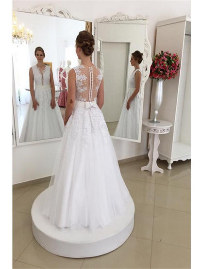 A-Line/Princess V-neck Applique Sleeveless Sweep/Brush Train Tulle Wedding Dresses