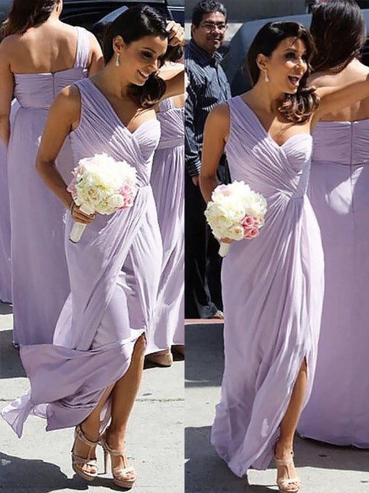 A-Line/Princess One-Shoulder Chiffon Ruched Sleeveless Floor-Length Bridesmaid Dresses