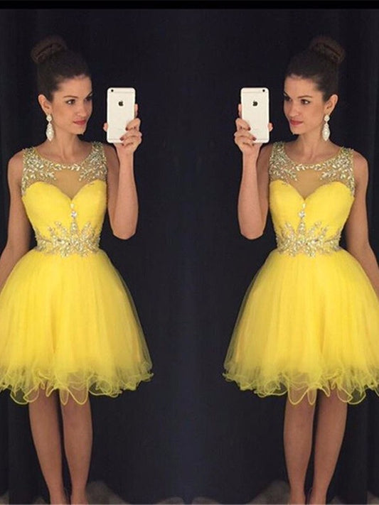 A-Line/Princess Scoop Sleeveless Beading Tulle Short/Mini Dresses