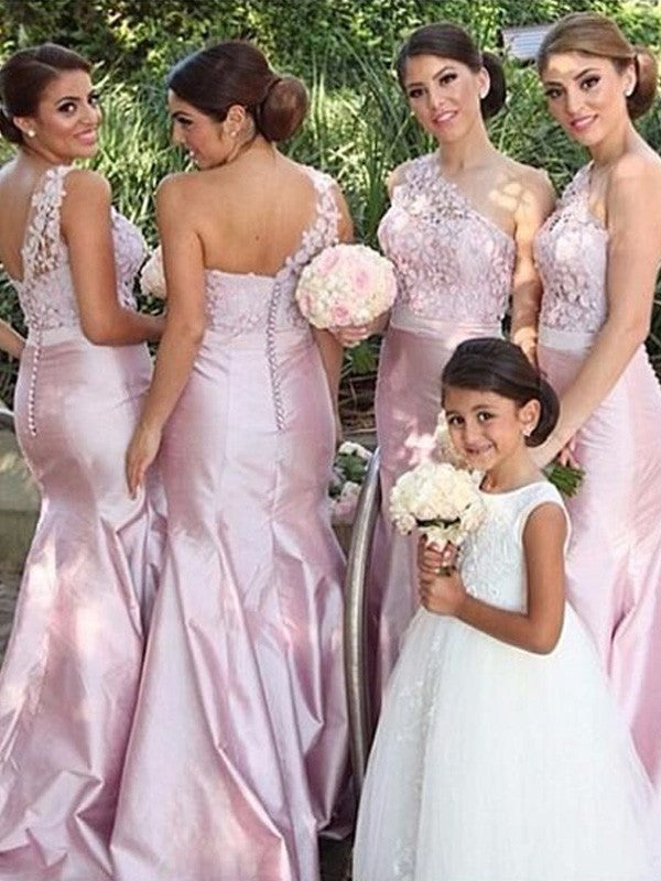 Trumpet/Mermaid One-Shoulder Sleeveless  Woven Satin Floor-Length Bridesmaid Dresses