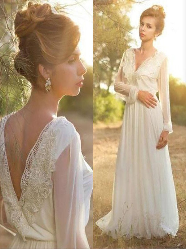 A-Line/Princess V-neck Long Sleeves Lace Chiffon Sweep/Brush Train Wedding Dresses