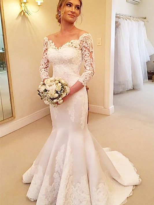 Trumpet/Mermaid 3/4 Sleeves Satin Off-the-Shoulder Lace Court Train Wedding Dresses