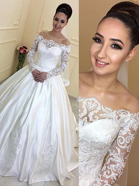 Ball Gown Long Sleeves Off-the-Shoulder Satin Court Train Wedding Dresses