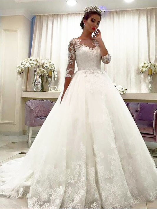 Ball Gown Tulle 3/4 Sleeves Bateau Lace Court Train Wedding Dresses