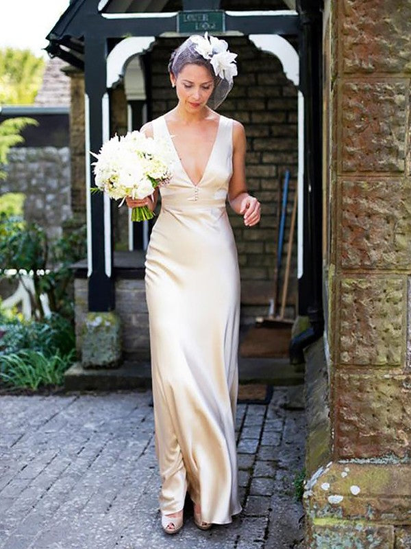 Sheath/Column Silk like Satin Sleeveless V-neck Floor-Length Wedding Dresses