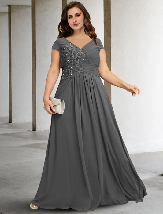 A-Line Mother of the Bride Dresses Plus Size Hide Belly Curve Elegant Dress Formal Floor Length Short Sleeve V Neck Chiffon with Pleats Sequin Appliques