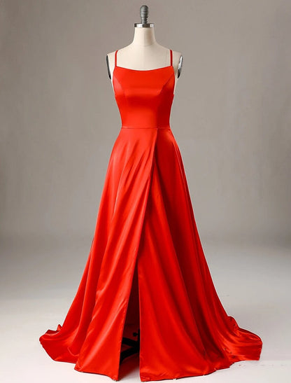 A-Line Evening Gown Sexy Dress Formal Wedding Guest Sweep / Brush Train Sleeveless Spaghetti Strap Charmeuse with Slit