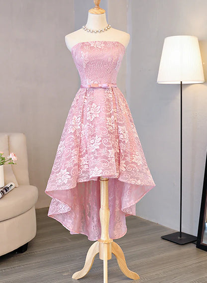 Cute Pink High Low Lace Scoop Homecoming Dress Cute A-Line Pink Short Prom Dress