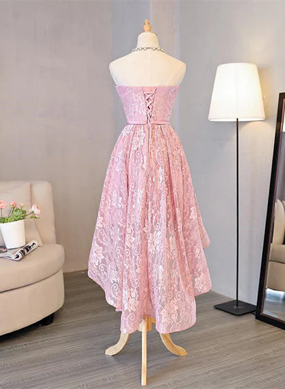 Cute Pink High Low Lace Scoop Homecoming Dress Cute A-Line Pink Short Prom Dress