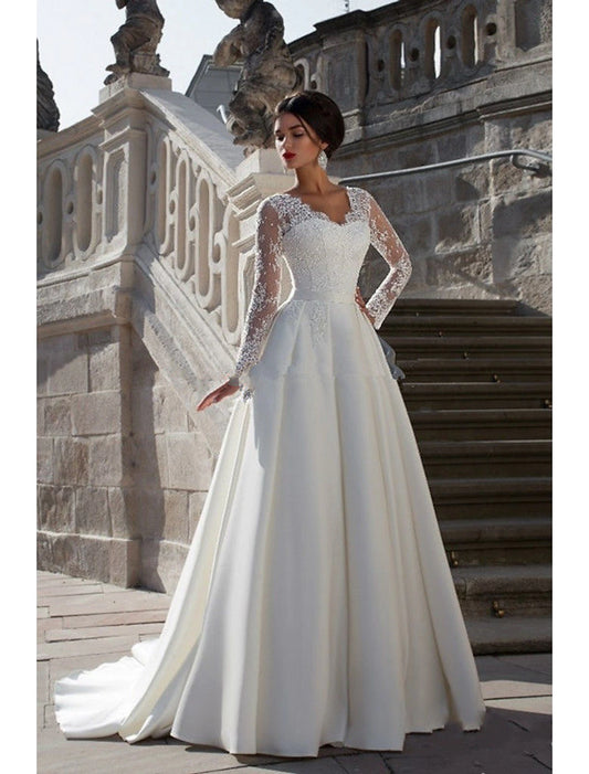 Engagement Formal Fall Wedding Dresses A-Line V Neck Long Sleeve Court Train Satin Bridal Gowns With Appliques