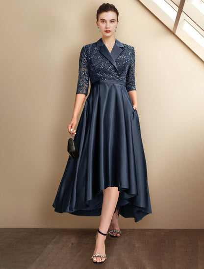 A-Line Mother of the Bride Dress Plus Size Elegant High Low Shirt Collar Asymmetrical Tea Length Satin Lace Half Sleeve with Pleats Sequin Appliques