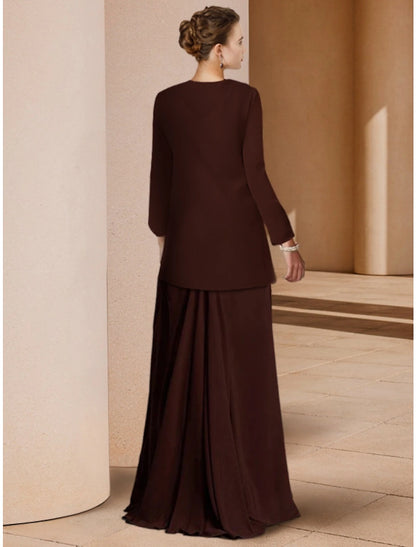 Sheath / Column Mother of the Bride Dress Wedding Guest Elegant Scoop Neck Floor Length Stretch Chiffon Long Sleeve with Sequin Ruching