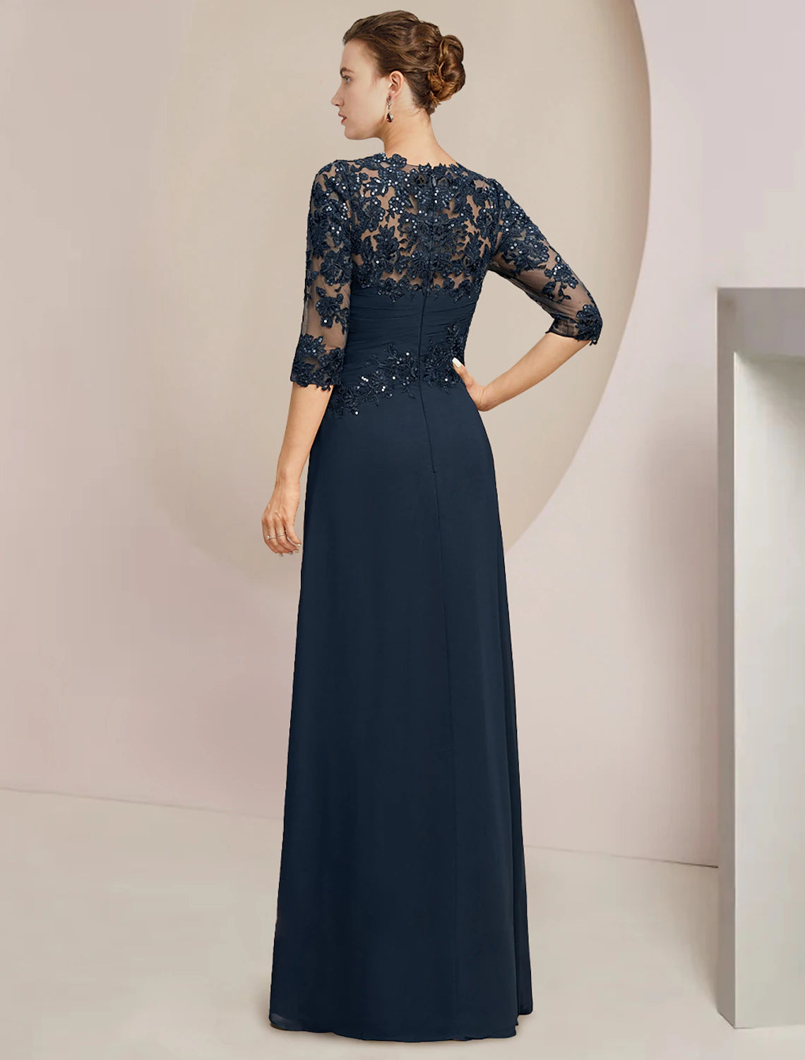 A-Line Mother of the Bride Dress Formal Wedding Guest Elegant Jewel Neck Floor Length Chiffon Lace Sequined Half Sleeve with Sequin Ruching