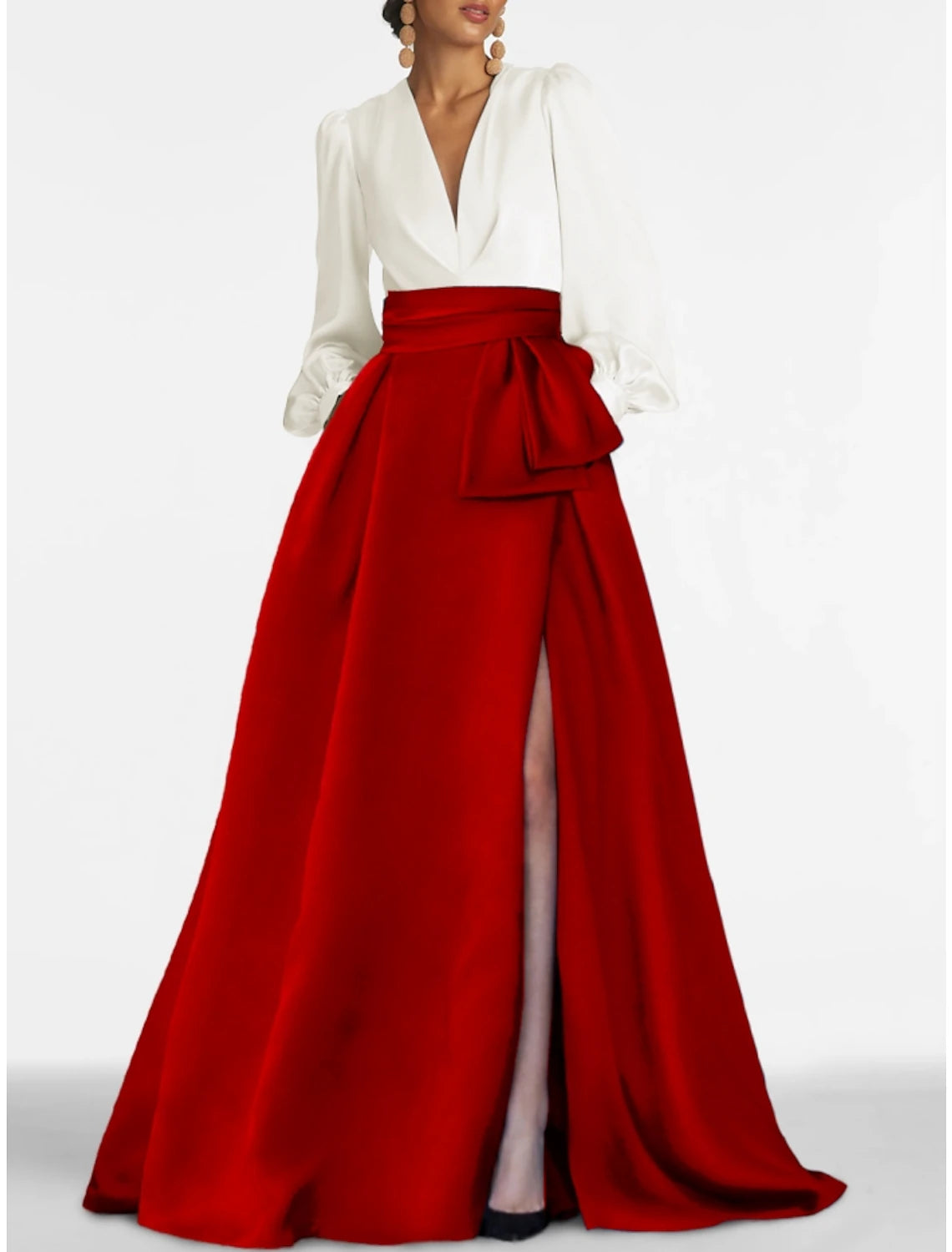 A-Line Evening Gown Elegant Dress Formal Sweep / Brush Train Formal Red Green Dress Long Sleeve V Neck Satin with Pleats Slit