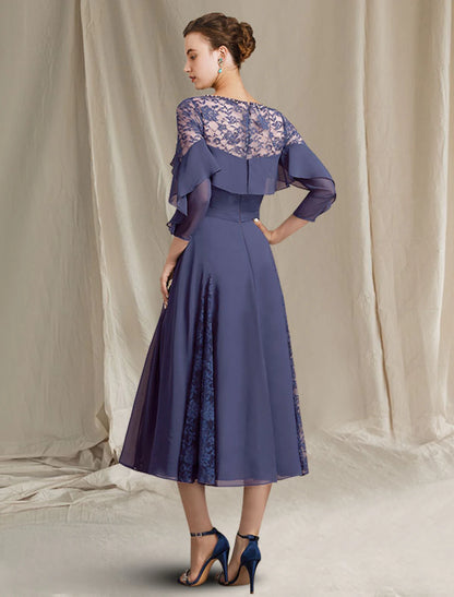 A-Line Mother of the Bride Dress Elegant Jewel Neck Tea Length Chiffon 3/4 Length Sleeve with Pleats Sequin Ruffles