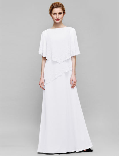 Sheath / Column Mother of the Bride Dress Elegant Bateau Neck Floor Length Chiffon Sleeveless with Beading