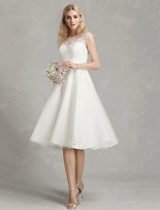 eception Little White Dresses Wedding Dresses A-Line Illusion Neck Cap Sleeve Knee Length Lace Bridal Gowns With Appliques