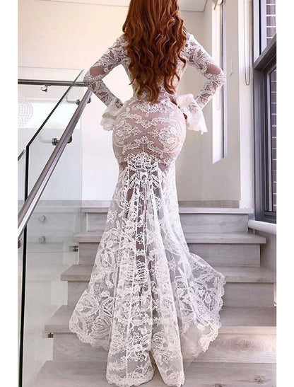 Beach Boho Wedding Dresses Mermaid / Trumpet V Neck Long Sleeve Sweep / Brush Train Lace Bridal Gowns With Appliques Split Front