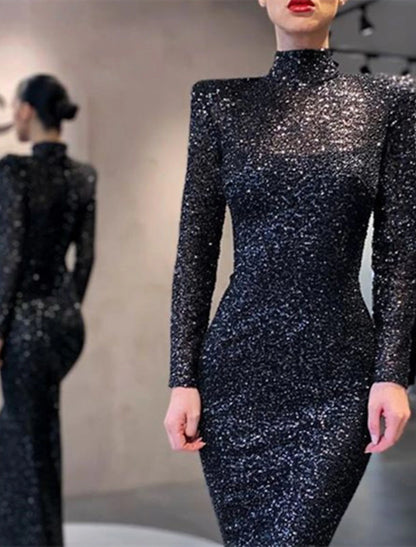 Mermaid / Trumpet Evening Gown Elegant Dress Formal Cocktail Party Floor Length Long Sleeve High Neck Sequined with Sequin