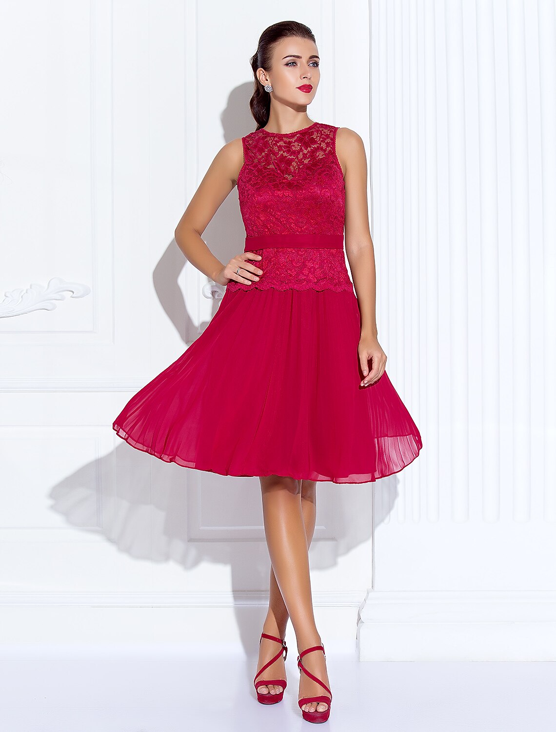 A-Line / Fit & Flare Illusion Neck Knee Length Chiffon / Lace Cocktail Party Dress with Lace / Pleats