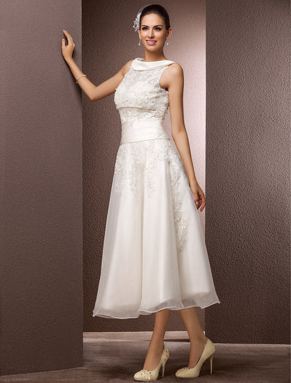 Hall Wedding Dresses A-Line Illusion Neck Sleeveless Tea Length Lace Bridal Gowns With Pearl Beading