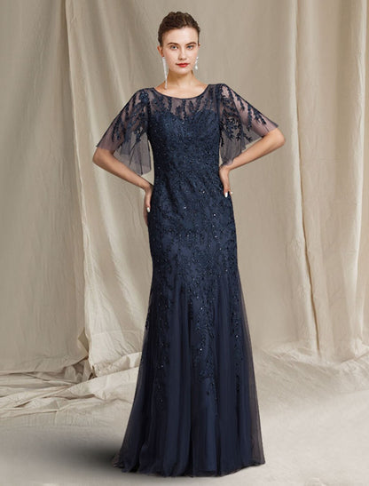 A-Line Mother of the Bride Dress Luxurious Elegant Jewel Neck Floor Length Lace Tulle Short Sleeve with Appliques