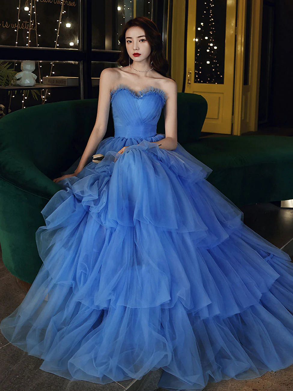 Blue Sweetheart Neck Sweet 16 Dress Ball Gown Long Prom Dress Graduation Dress