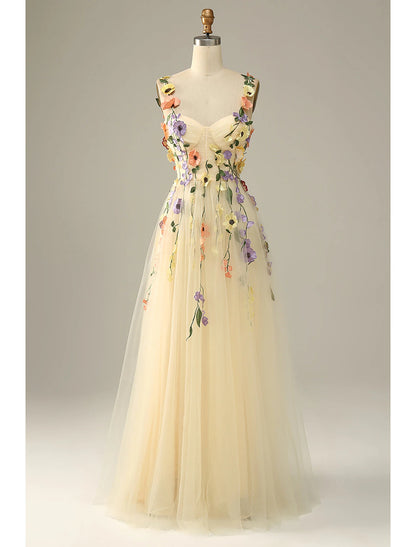 A-Line Wedding Guest Dresses Floral Dress Holiday Prom Floor Length Sleeveless Spaghetti Strap Tulle with Appliques