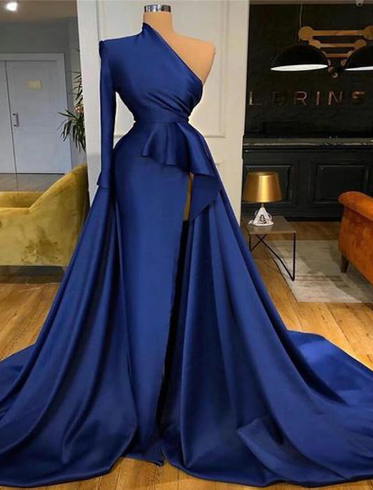 A-Line Evening Gown Peplum Dress Wedding Guest Formal Evening Court Train Long Sleeve One Shoulder Satin with Ruffles Slit