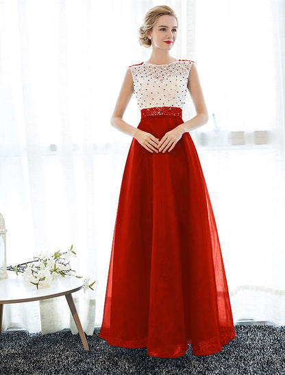 A-Line Beautiful Back Elegant Beaded & Sequin Prom Formal Evening Dress Illusion Neck Sleeveless Floor Length Tulle Over Lace with Beading