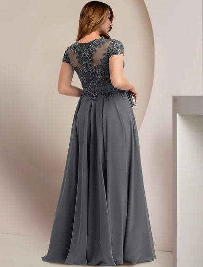 Mother of the Bride Dresses Plus Size Curve Hide Belly Wedding Guest Party Elegant Jewel Neck Floor Length Chiffon Lace Short Sleeve with Pleats Sequin