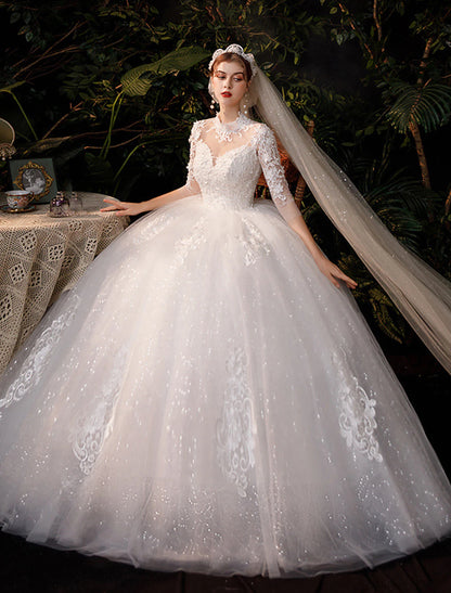 Reception Wedding Dresses Ball Gown High Neck Half Sleeve Floor Length Lace Bridal Gowns With Appliques