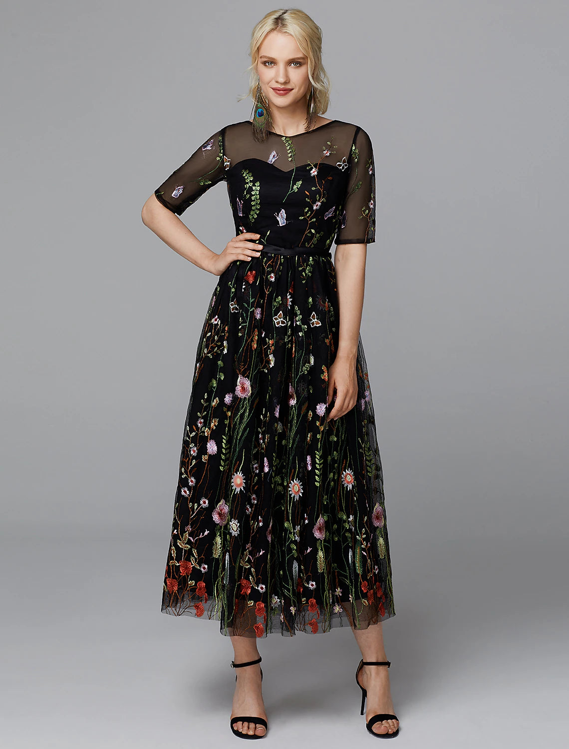 A-Line Floral Dress Valentine's Day Wedding Guest Tea Length Half Sleeve Illusion Neck Lace with Embroidery Appliques