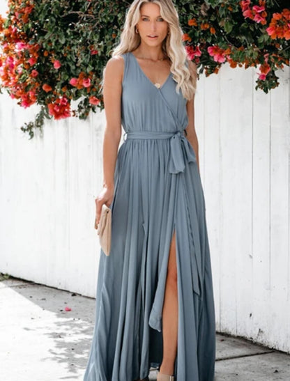 A-Line Bridesmaid Dress V Neck Sleeveless Elegant Floor Length Chiffon with Bow(s) / Pleats / Slit