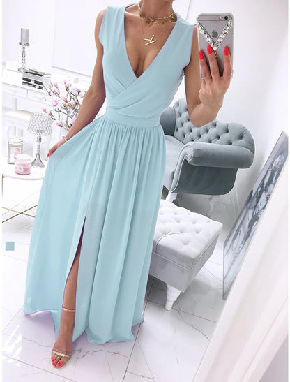 Women's Party Dress Holiday Dress Swing Dress Long Dress Maxi Dress Leather Pink White Light Green Sleeveless Pure Color Split Spring Summer V Neck Vacation Party Wedding Guest Date