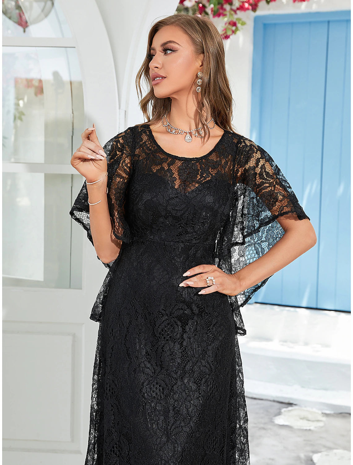 A-Line Wedding Guest Dresses Elegant Dress Party Wear Wedding Party Ankle Length Half Sleeve Jewel Neck Lace with Ruffles Appliques