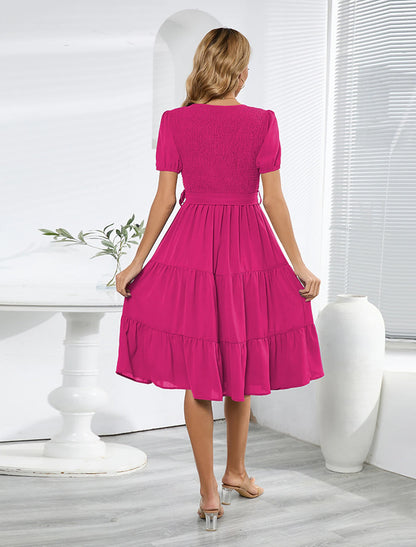 A-Line Cocktail Dresses Party Dress Wedding Guest Cocktail Party Knee Length Short Sleeve Jewel Neck Belt / Sash Spandex with Pleats Ruched