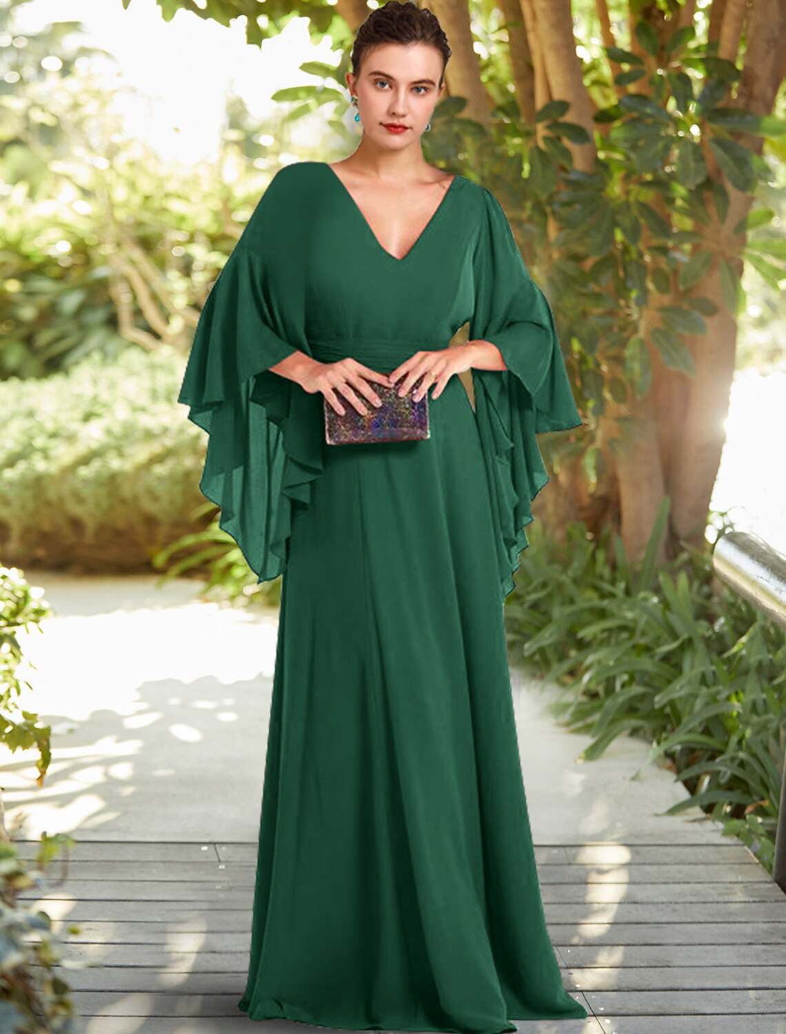 A-Line Mother of the Bride Dress Formal Wedding Guest Elegant V Neck Floor Length Chiffon 3/4 Length Sleeve with Ruched