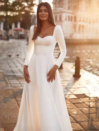 Reception Royal Style Casual Wedding Dresses A-Line Sweetheart Long Sleeve Sweep / Brush Train Satin Bridal Gowns