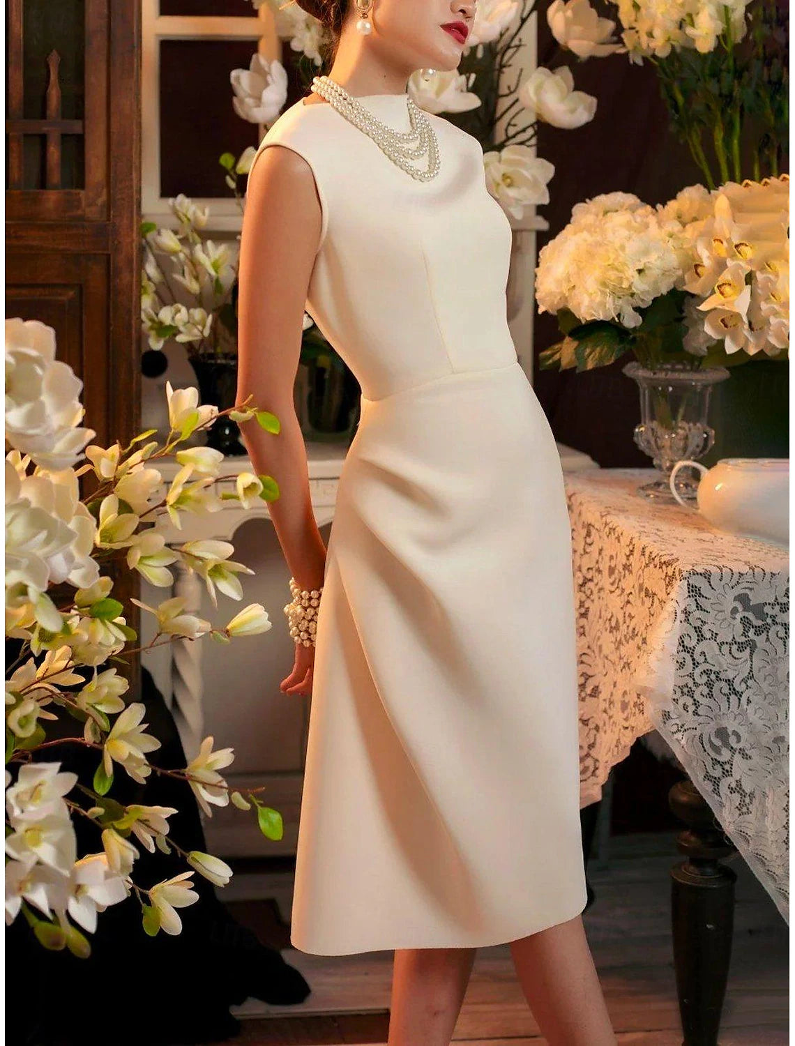 Elegant Cocktail Dresses Wedding Guest Dress Formal Tea Length Sleeveless One Shoulder Stretch Crepe with Slit