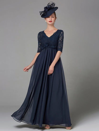 A-Line Mother of the Bride Dress Elegant & Luxurious V Neck Floor Length Chiffon Lace Half Sleeve with Lace Bow(s)A-Line Mother of the Bride Dress Elegant & Luxurious V Neck Floor Length Chiffon Lace Half Sleeve with Lace Bow(s)