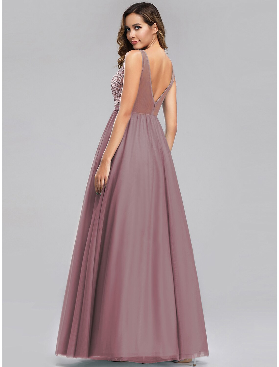 A-Line Empire Holiday Prom Dress V Neck V Back Sleeveless Floor Length Chiffon with Appliques