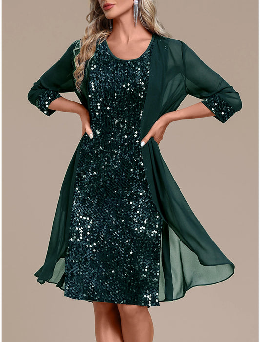 Two Piece Dress Set Sequin Dress Party Dress Wedding Guest Dress Party Wedding Guest Elegant Fashion Patchwork Sequin Midi Dress Crew Neck Long Sleeve