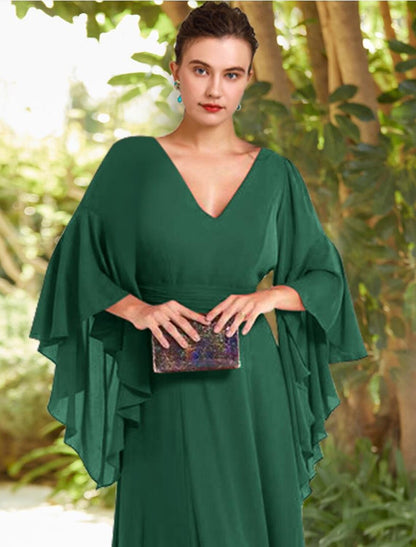 A-Line Mother of the Bride Dress Formal Wedding Guest Elegant V Neck Floor Length Chiffon 3/4 Length Sleeve with Ruched