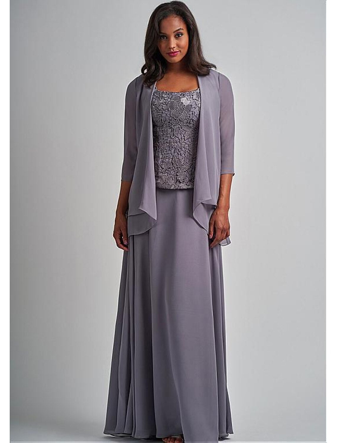 Two Piece A-Line Mother of the Bride Dress Elegant Square Neck Floor Length Chiffon Lace 3/4 Length Sleeve Wrap Included with Appliques