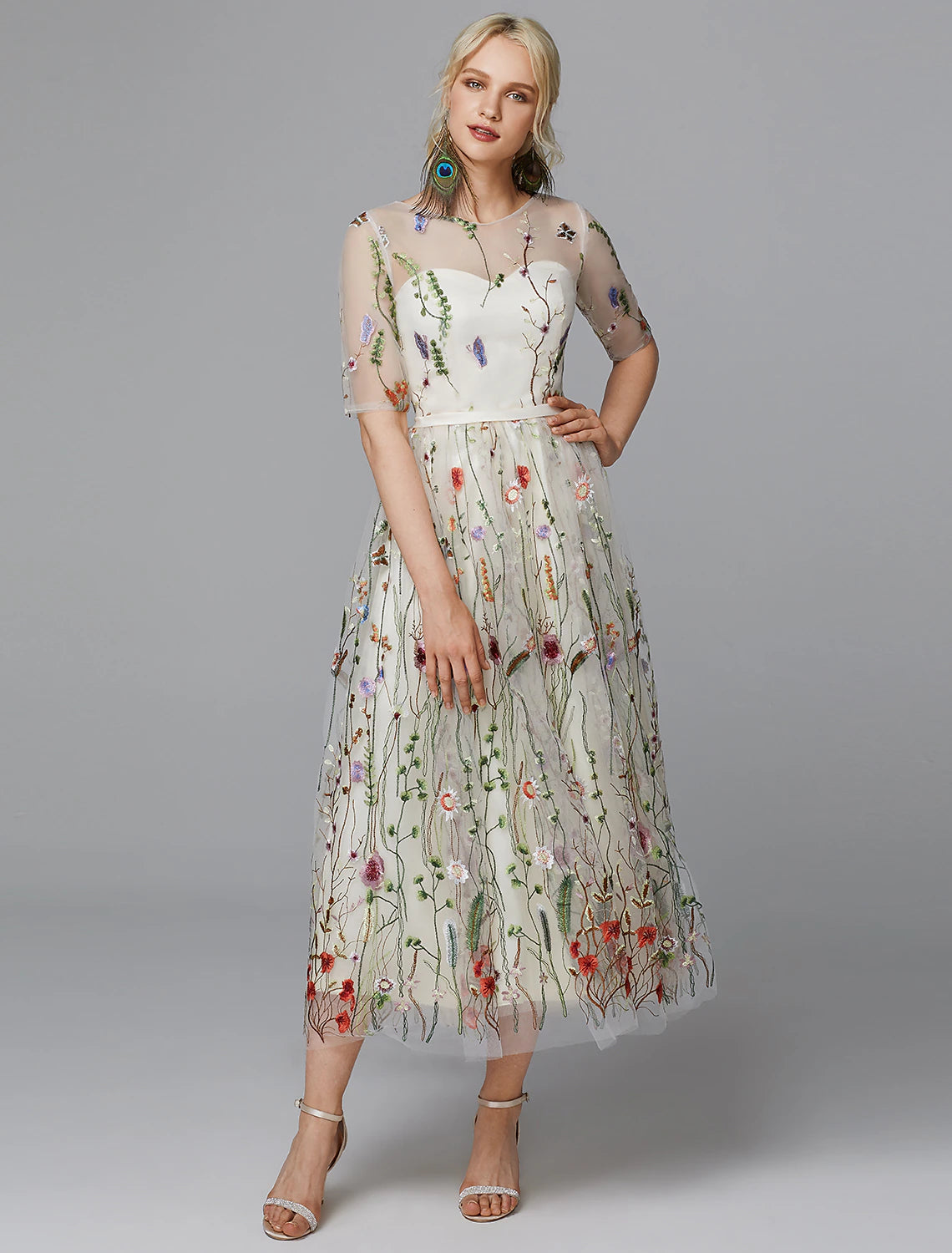 A-Line Floral Dress Valentine's Day Wedding Guest Tea Length Half Sleeve Illusion Neck Lace with Embroidery Appliques