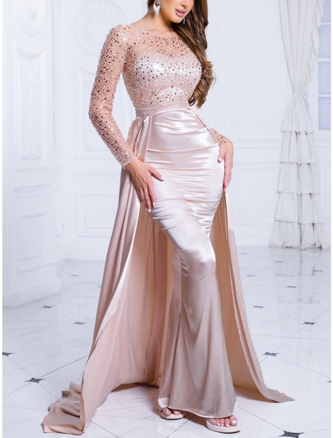 Sheath / Column Evening Gown Elegant Dress Formal Wedding Guest Sweep / Brush Train Long Sleeve Jewel Neck Satin with Ruched Sequin