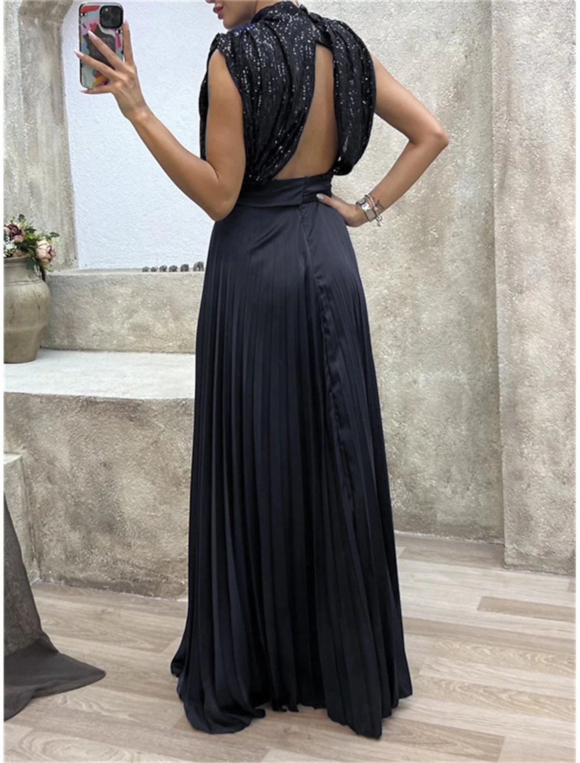 Black Dress Sequin Dress Prom Dress Sequins Pleated Crew Neck Sleeveless Vacation Black Spring Winter